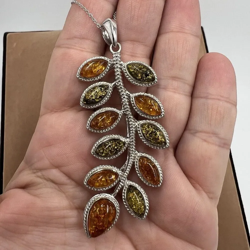 STERLING SILVER Amber Pendant Large Green & Orange Baltic Amber Leaf 18.4 Grams